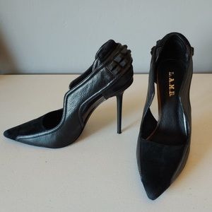 L.A.M.B. Enforce Leather and Suede Studded Pumps